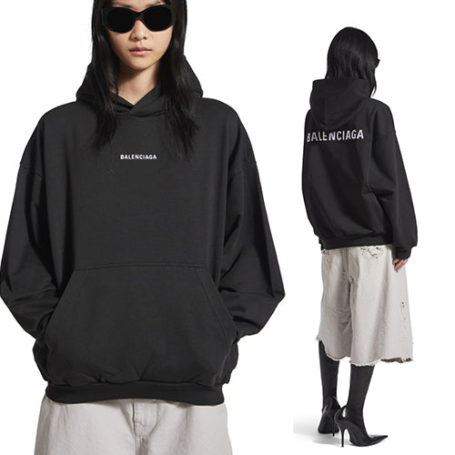 (국내배송, 당일출고) 발렌시아가 체스트 더블 로고 자수 후드 블랙