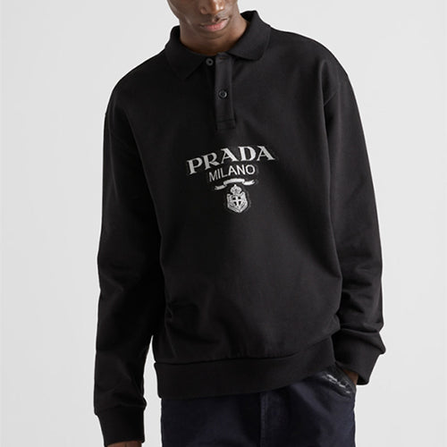 프라다 롱슬리브 코튼 폴로 스웨트셔츠 블랙